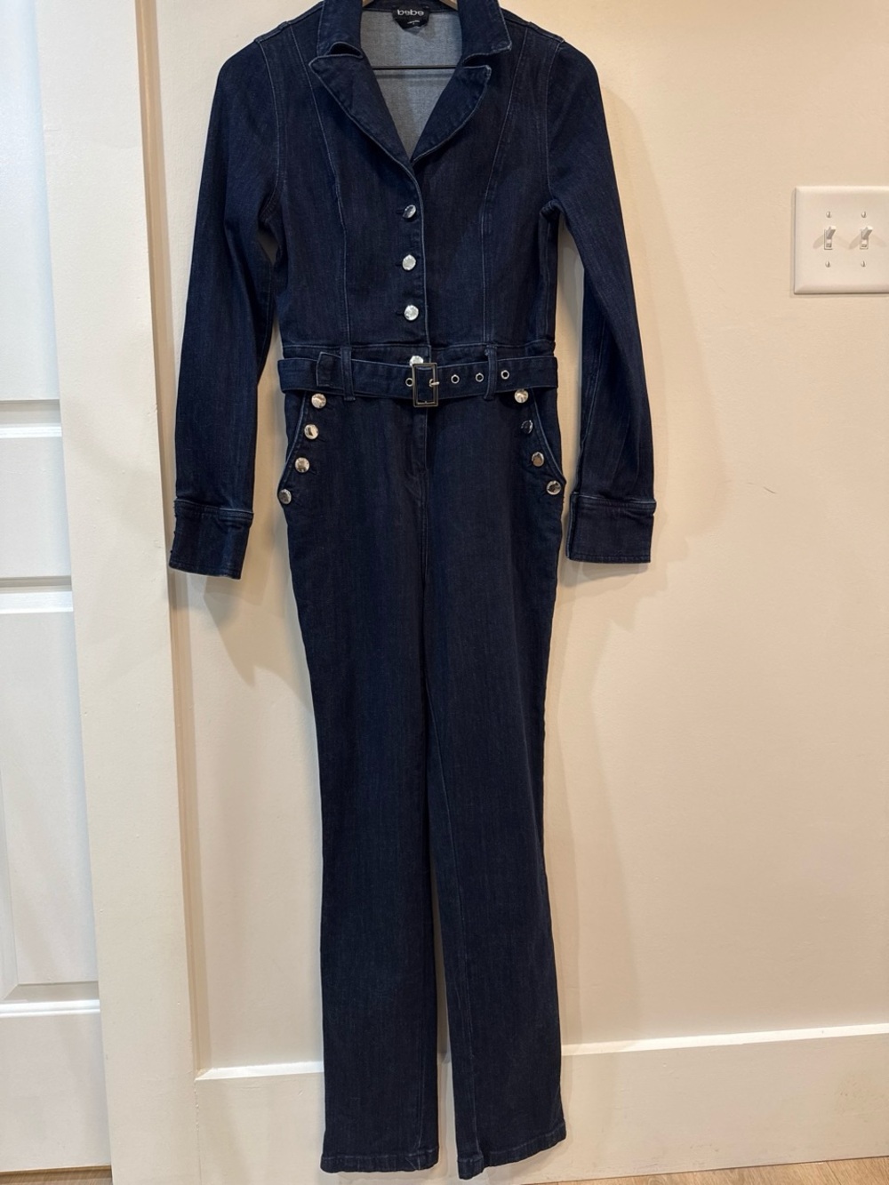 bebe Dark Indigo Denim Belted Jumpsuit